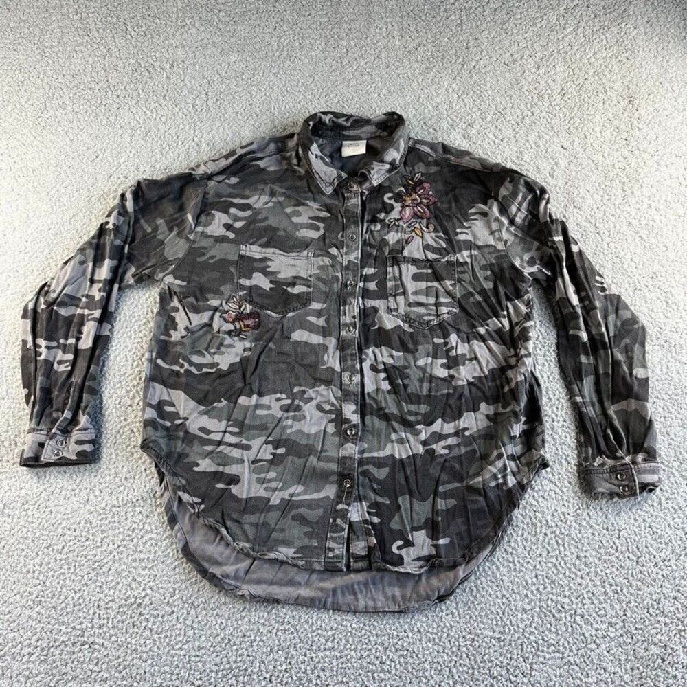 Knox Rose Blouse Womens Extra Large Camo Shirt Top Floral Embroidered Button Up